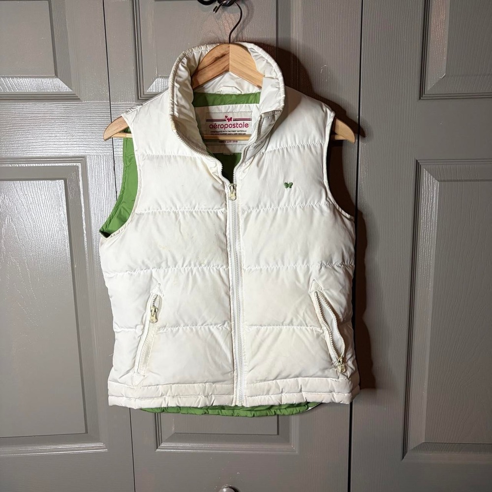 Aeropostale Y2K Puffer Vest Womens Small White Green Butterfly Logo Quilted Zip